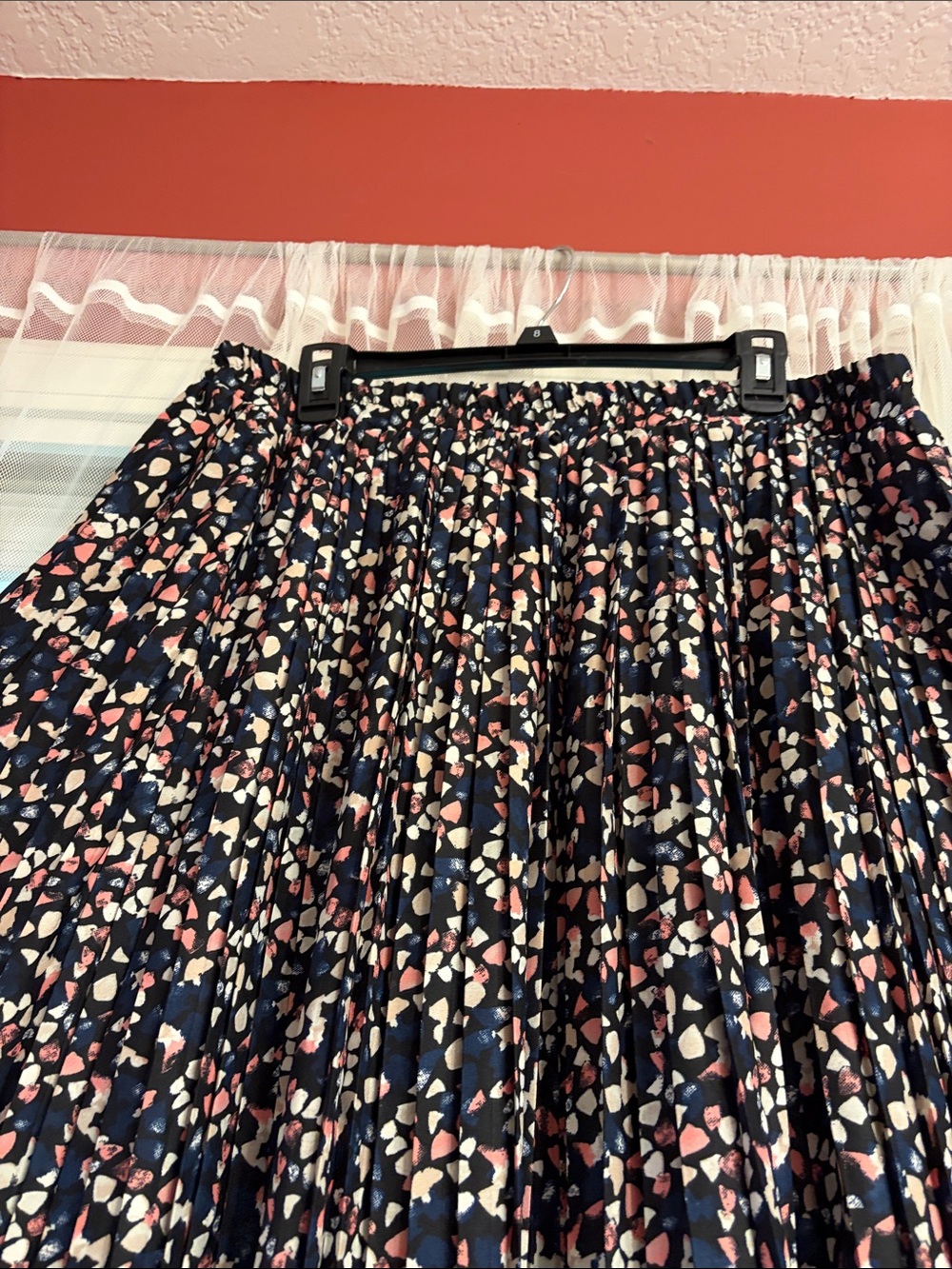 Massini Navy Pleated Midi Skirt with Pink & Cream Spot Print